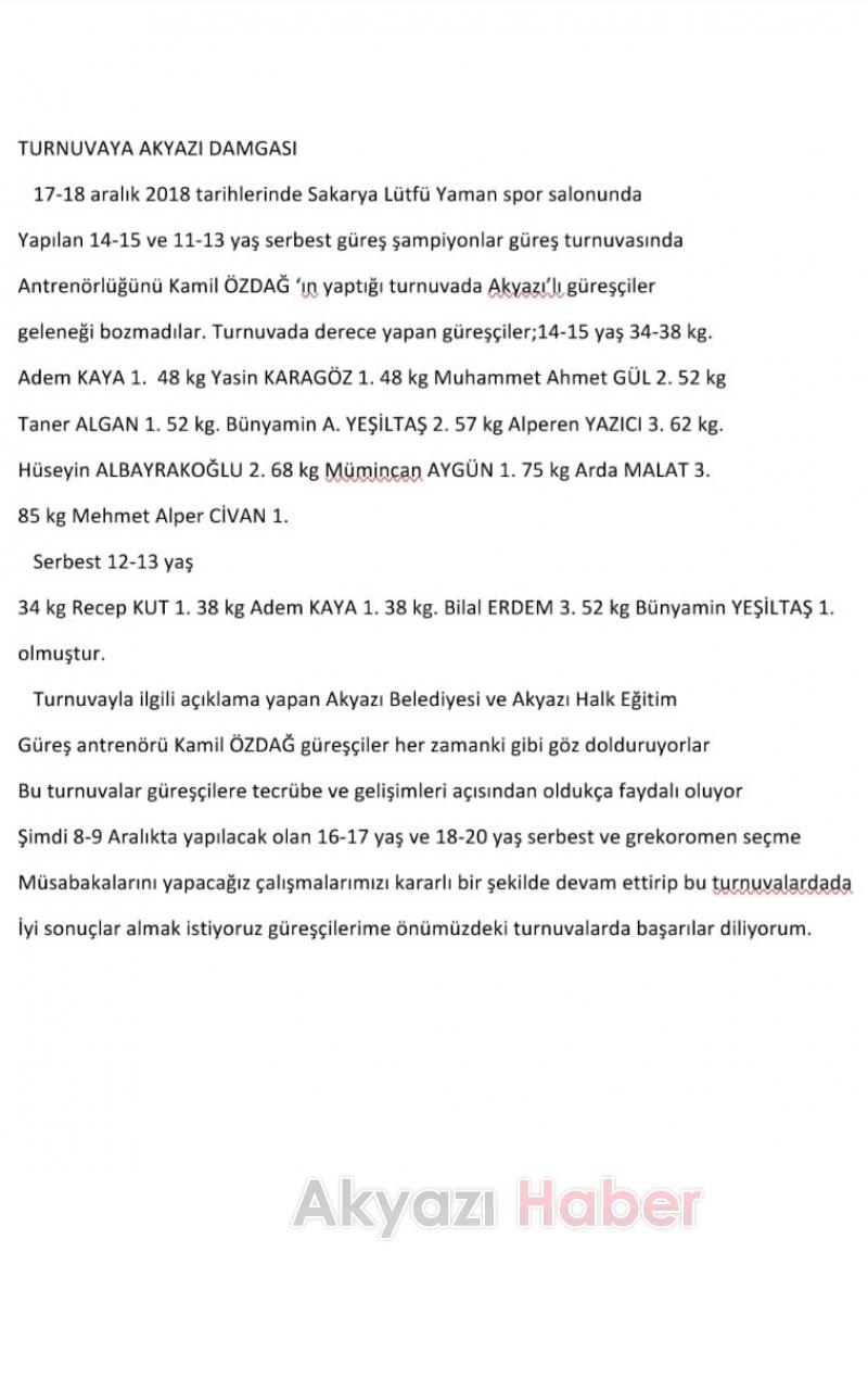 Serbest Güreş Turnuvasına  Akyazılı güreşçiler damga vurdu