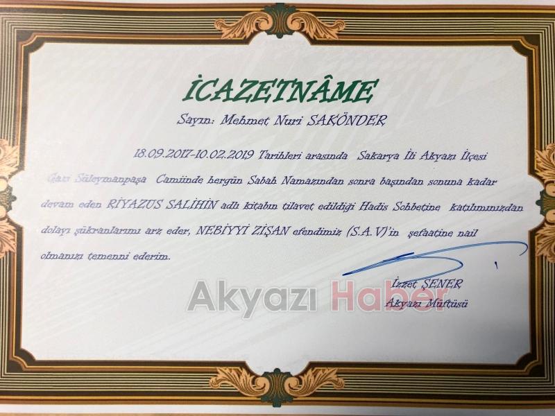 Vefat eden Mehmet Nuri Sakönderin İcazetnamesi oğluna verildi