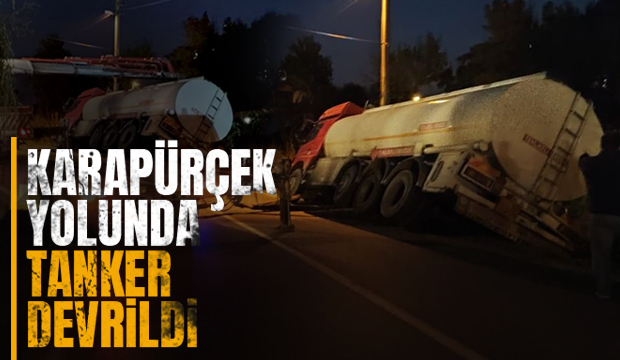 Karapürçek yolunda tanker devrildi