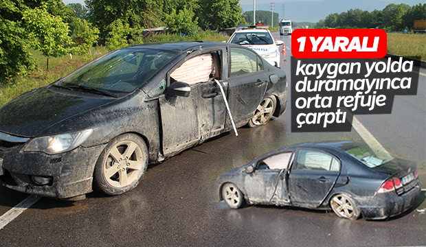 Kaygan Yolda Duramayınca Orta Refüje Çarptı