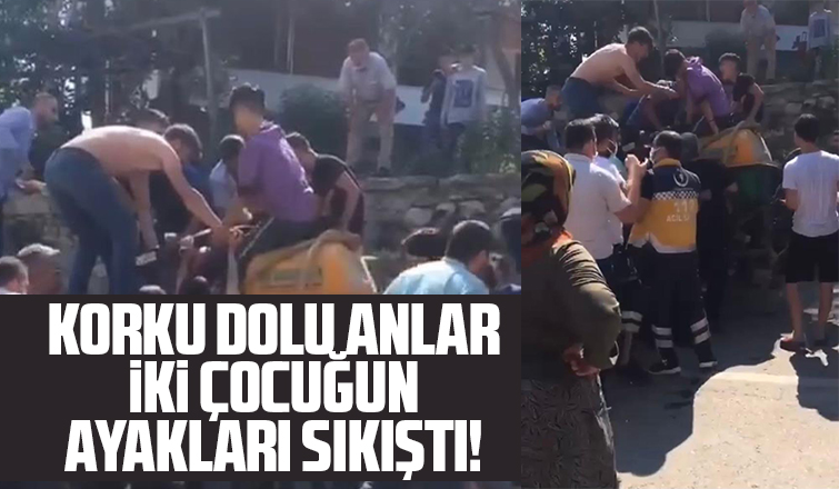 Korku dolu anlar İki çocuğun ayakları sıkıştı!