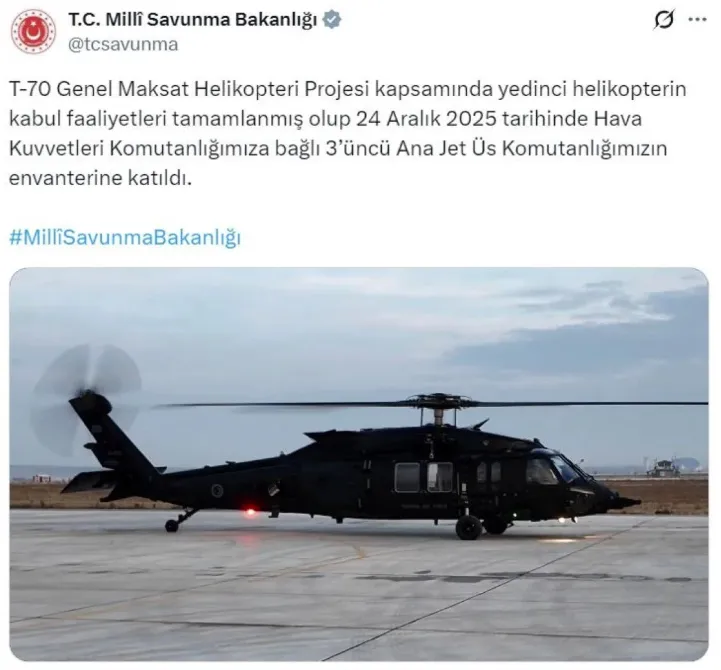 MSB duyurdu: T-70 Genel Maksat Helikopteri’nin 7’ncisi envantere girdi