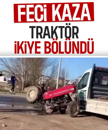 Otomobille çarpışan traktör ikiye bölündü