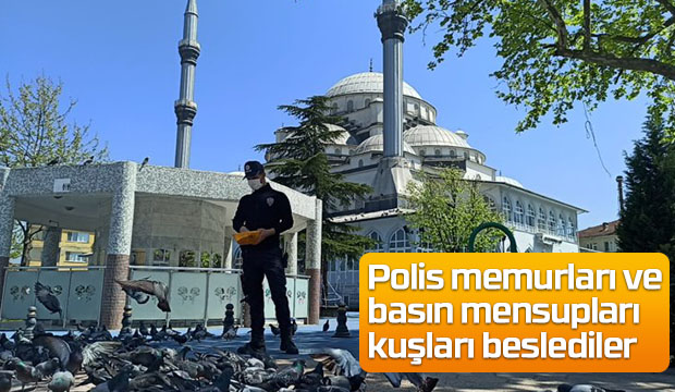Polis memurları ve basın mensupları kuşları besledi