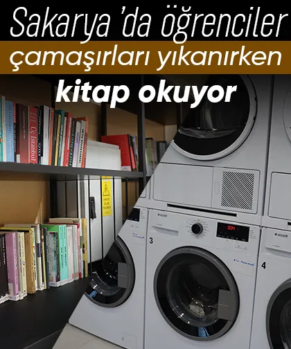 Sakarya’da öğrenciler çamaşırları yıkanırken kitap okuyor