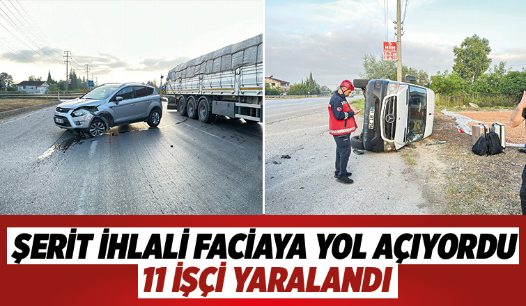 Servis minibüsü otomobile çarpıp devrildi: 11 yaralı