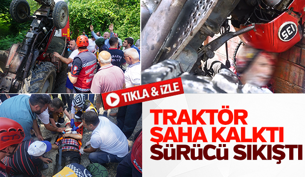 Traktör şaha kalktı sürücü sıkıştı