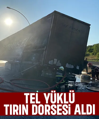 Yabancı plakalı tırın dorsesi yandı