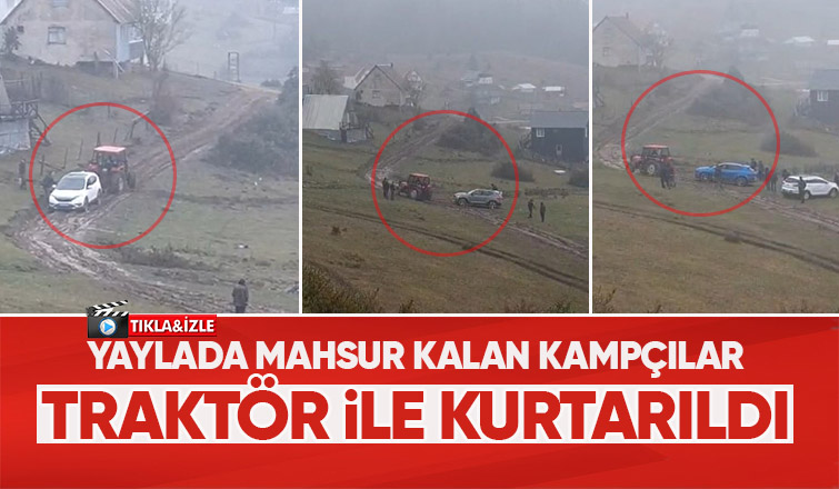 Yaylada çamurda kalan araçlar traktörle çekildi