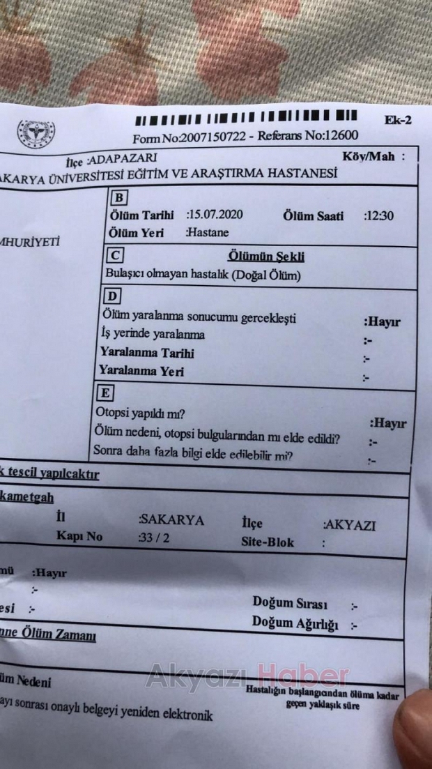 Akyazılı ailenin hatalı ölüm raporu tepkisi