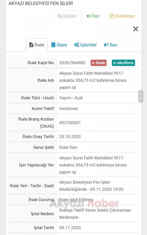Akyazı İlçe Terminali Projesinin ihalesine teklif çıkmadı