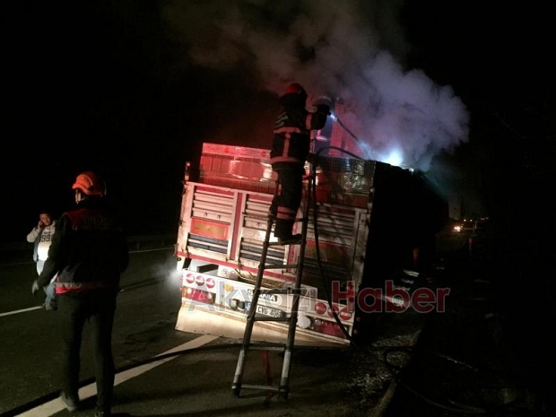 Lastiği patlayan tırın dorsesi alev aldı
