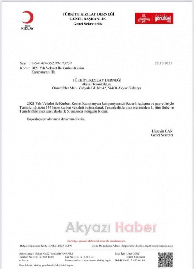 Bağışta birinci olan Kızılay Akyazı Şubesi'ne teşekkür belgesi