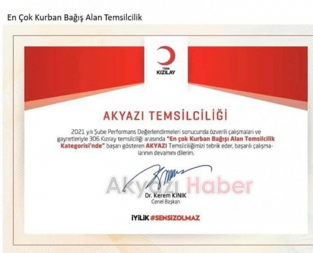Bağışta birinci olan Kızılay Akyazı Şubesi'ne teşekkür belgesi
