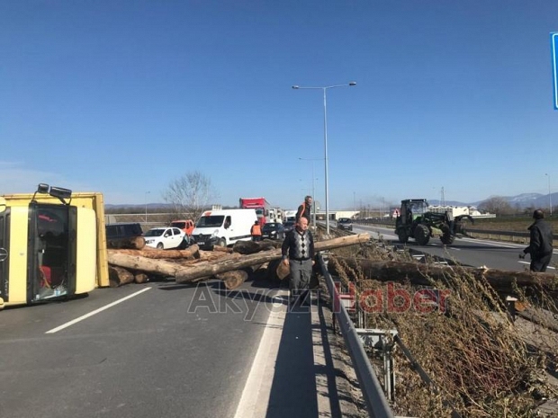 D-100'de tomruk yüklü kamyon devrildi
