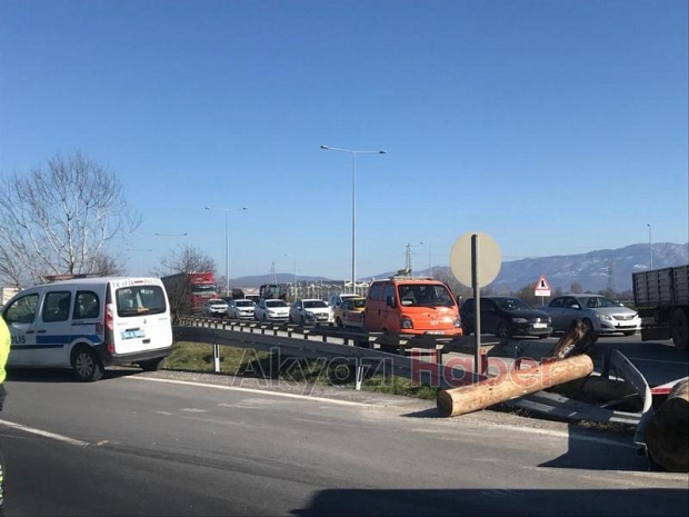 D-100'de tomruk yüklü kamyon devrildi