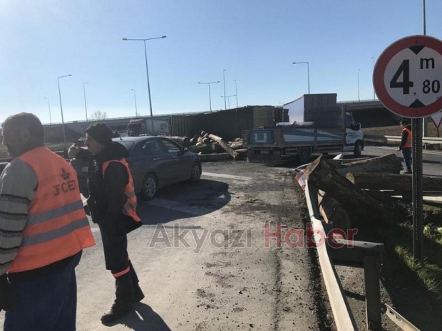 D-100'de tomruk yüklü kamyon devrildi