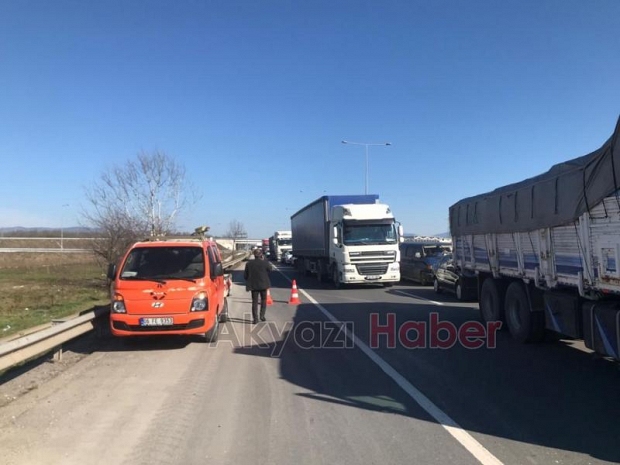 D-100'de tomruk yüklü kamyon devrildi