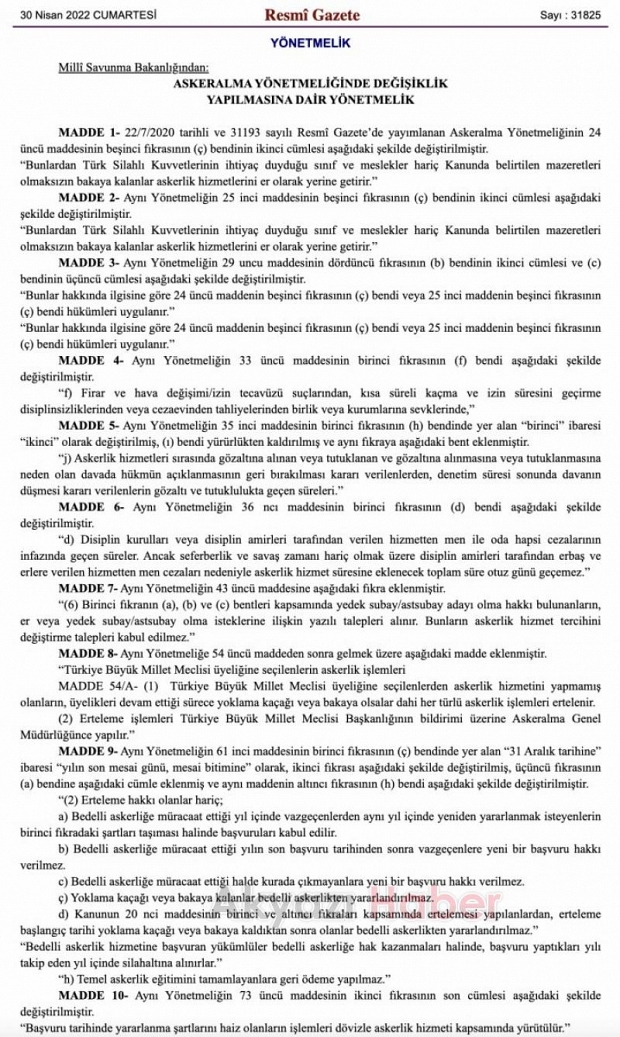 Asker Alma Yönetmeliği'nde değişiklikler yapıldı