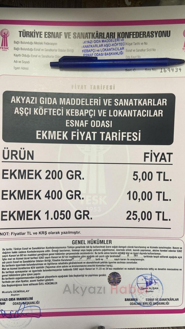 Akyazı'da ekmek 5 lira oldu