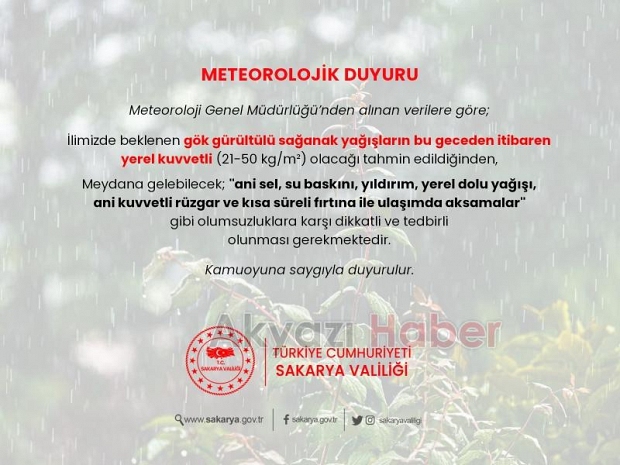 Valilikten kuvvetli yağış uyarısı