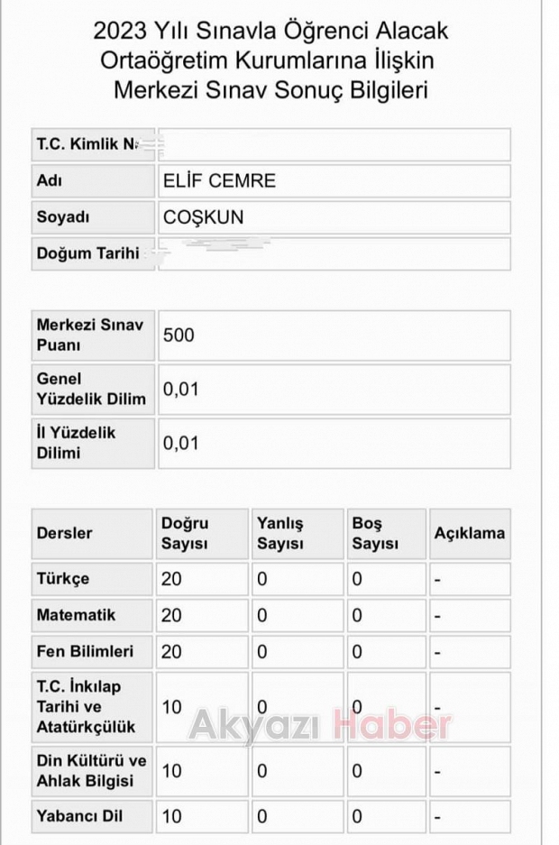 Akyazı Kız Anadolu İmam-Hatip proje sınıfı öğrencisi Elif LGS'de birinci oldu