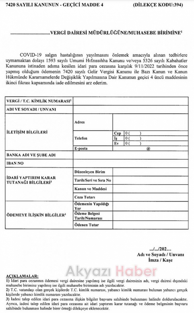 Koronavirüs cezalarının iadesiyle ilgili başvuru formu Resmi Gazete'de