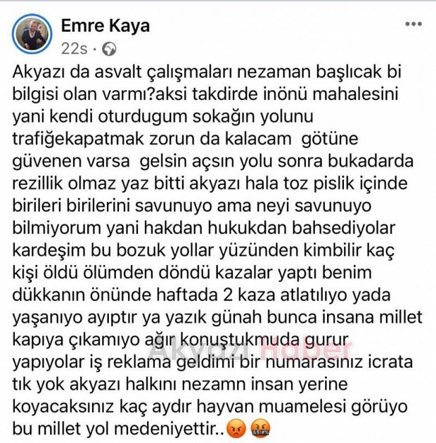 Akyazıda bozuk yol isyanı: Hayvan muamelesi görüyor bu millet