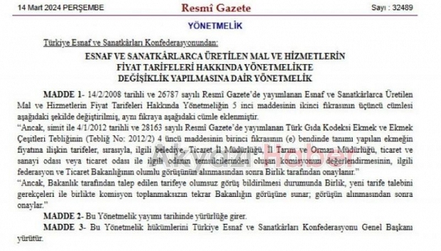 Ekmek ve simit fiyatlarının belirlenmesinde yeni dönem