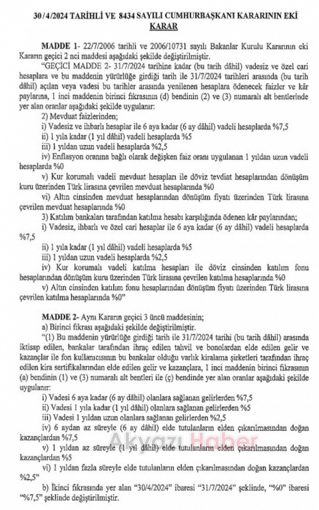 Türk Lirası mevduata uygulanan stopaj oranları değişti