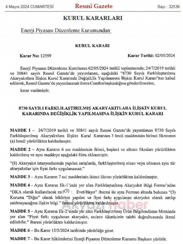Akaryakıta fiyat farkı düzenlemesi Resmi Gazete'de