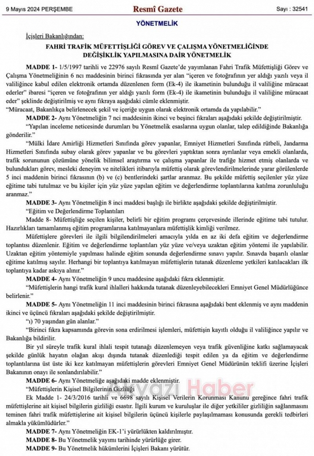 Fahri trafik müfettişleri yılda en az 2 kez eğitim ve değerlendirmeye tabi tutulacak