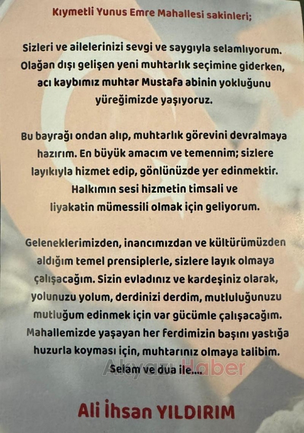Yunus Emre Mahallesi Muhtar Adayı Ali İhsan Yıldırım destek istedi