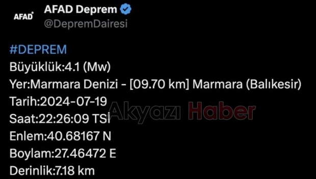 Marmara Denizi'nde İstanbul'dan da hissedilen 4.1 büyüklüğünde deprem