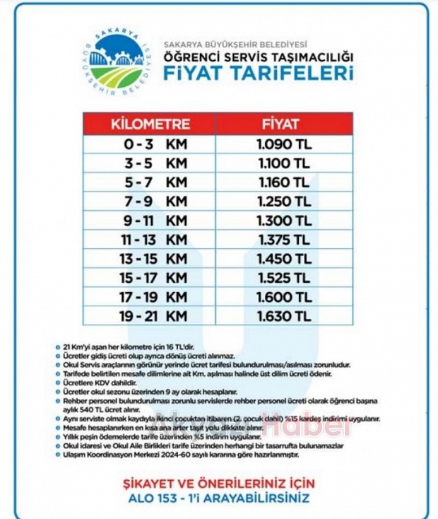Sakarya da okul servislerine zam