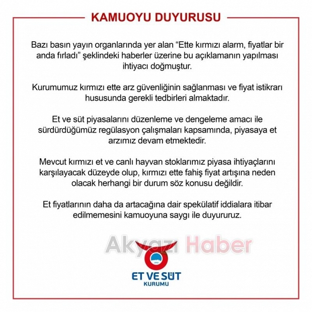 Et ve Süt Kurumu'ndan kırmızı et fiyatlarında artış iddialarına yanıt