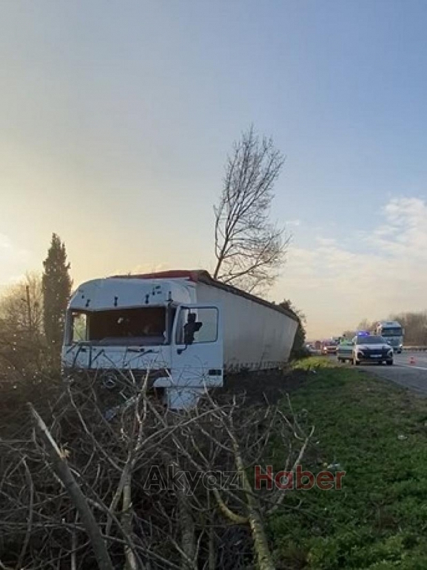 Otoyolda tır şarampole uçtu