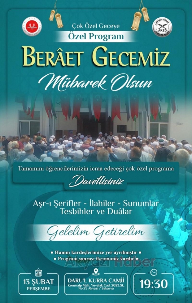 Daru'l Kurra Camii'nde Berat Gecesi Özel Programı