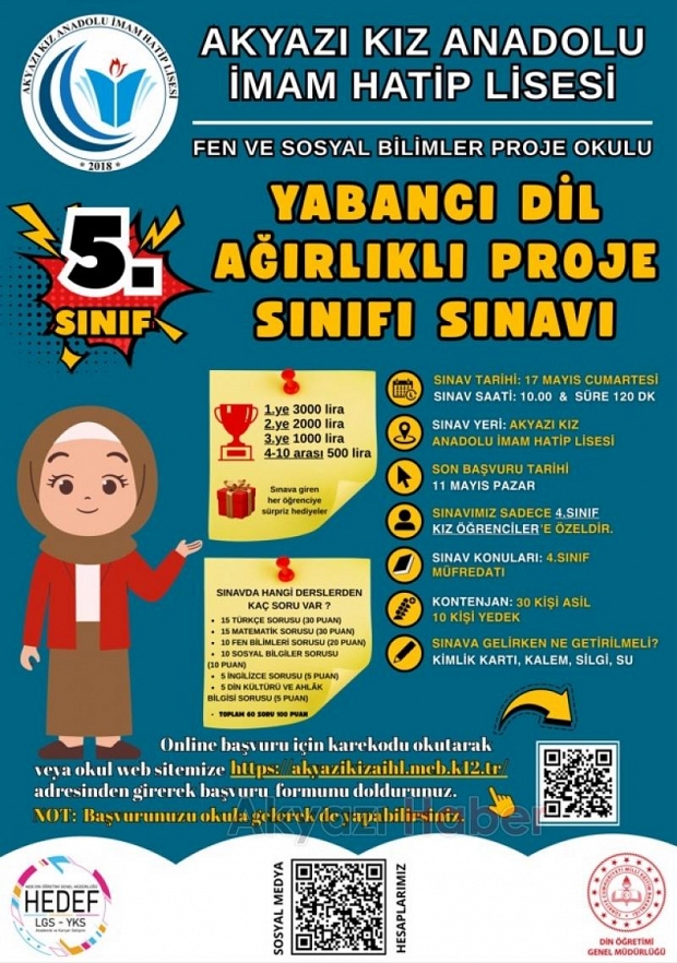 Akyazı Kız Anadolu İmam Hatip Lisesi Proje Okulunda deneme sınavı başvuruları sürüyor