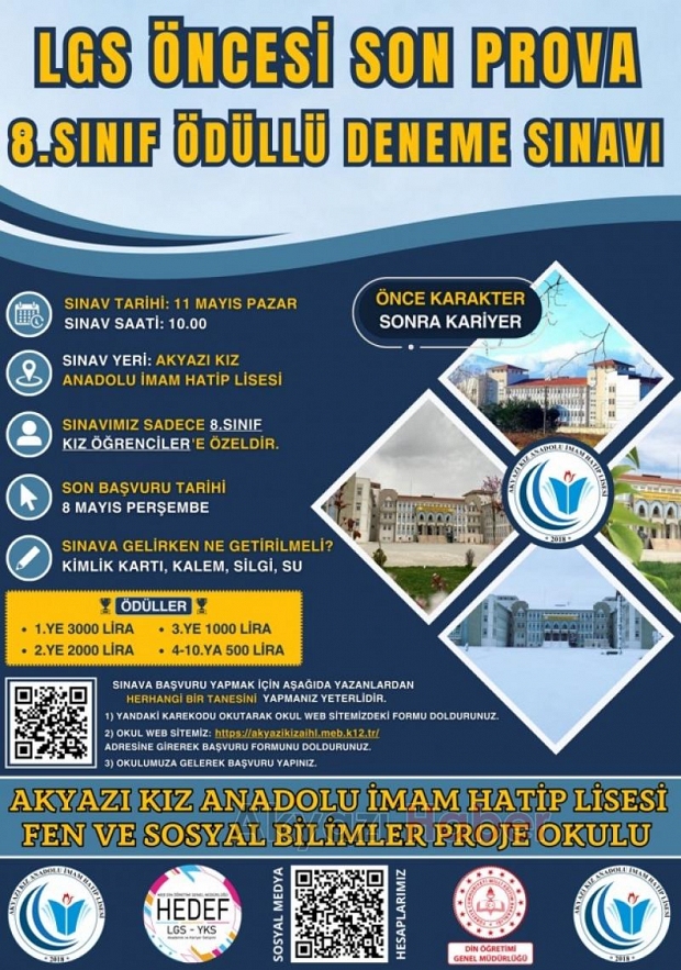 Akyazı Kız Anadolu İmam Hatip Lisesi Proje Okulunda deneme sınavı başvuruları sürüyor