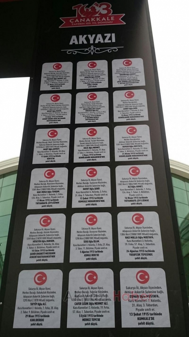 canakkale de sehit olan askerlerin isimleri bu anitta akyazi haber akyazi nin bir numarali haber sitesi