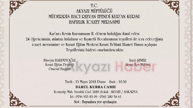 Hafızlık İcazet Merasimine Davet