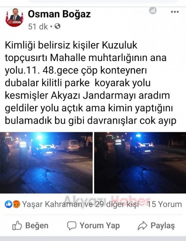 Kuzulukta Kimliği Belirsiz Kişiler Ana Yolu kesti