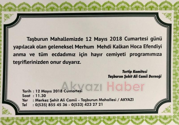 Mehdi Kalkan Hoca Efendi Anma Etkinliklerine Davet