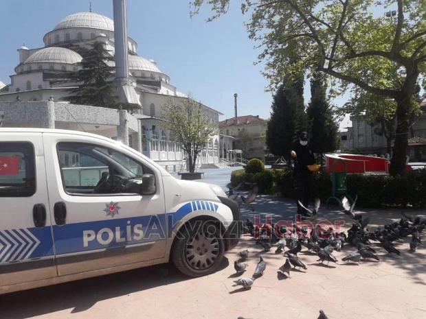 Polis memurları ve basın mensupları kuşları besledi