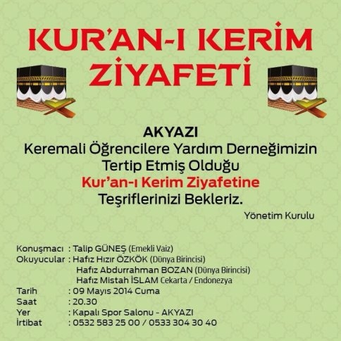 Kuran-ı Kerim Ziyafetine Davet