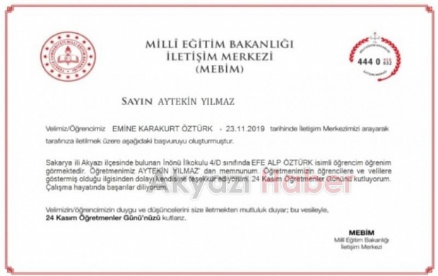 Veliden Öğretmene Teşekkür Yazısı